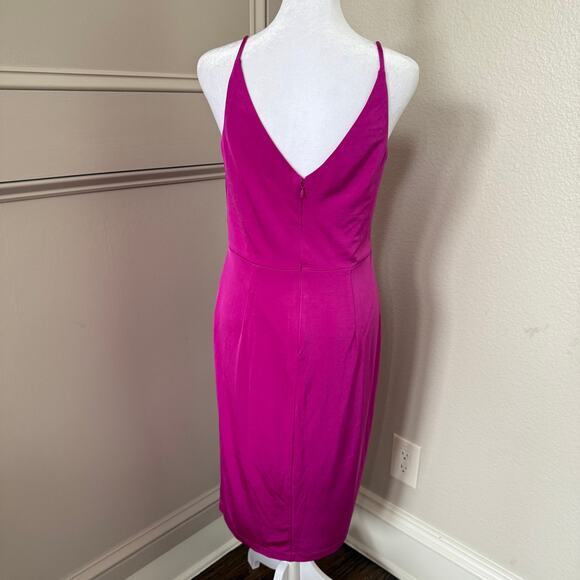 Eliza J Magenta Fuchsia Gathered Ruffle Bodycon Midi Dress Wrap Bodice Size 8 - Picture 3 of 5